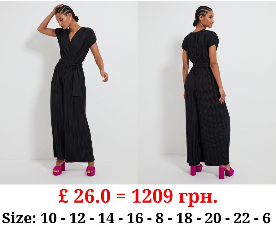 Black Plisse Belted Jumpsuit