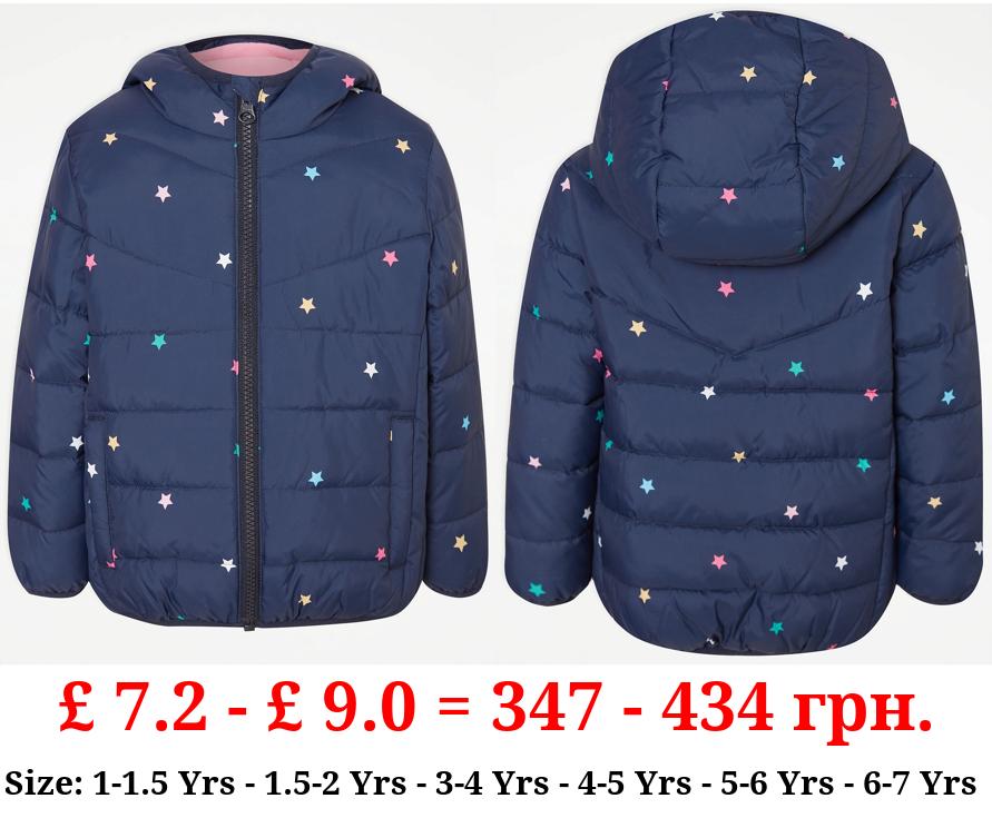 Navy Star Print Padded Coat