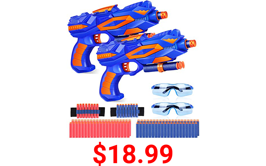 Duckura Toy Guns for Kids, Blaster Gun 2 Pack with 2 Kids Safety Goggles, 80 Foam Refill Compatible with Nerf Fortnite, Birthday Gifts Party Favor Supplies for 5 6 7 8 9 Year Old Boys Girls