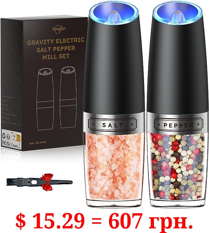 Sangcon Gravity Electric Salt and Pepper Grinder Set Automatic Shakers Mill Grinder with LED Light, Battery Powered Adjustable Coarseness One Hand Operation, Upgraded Larger Capacity