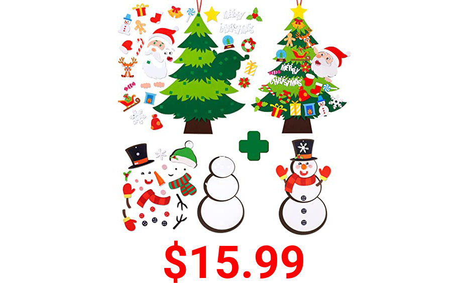 DIY Felt Christmas Tree Set Plus Snowman - Xmas Crafts for Kids Toddlers with 60PCS Ornaments Wall Hanging Gifts Party Decorations (Assembly Needed)