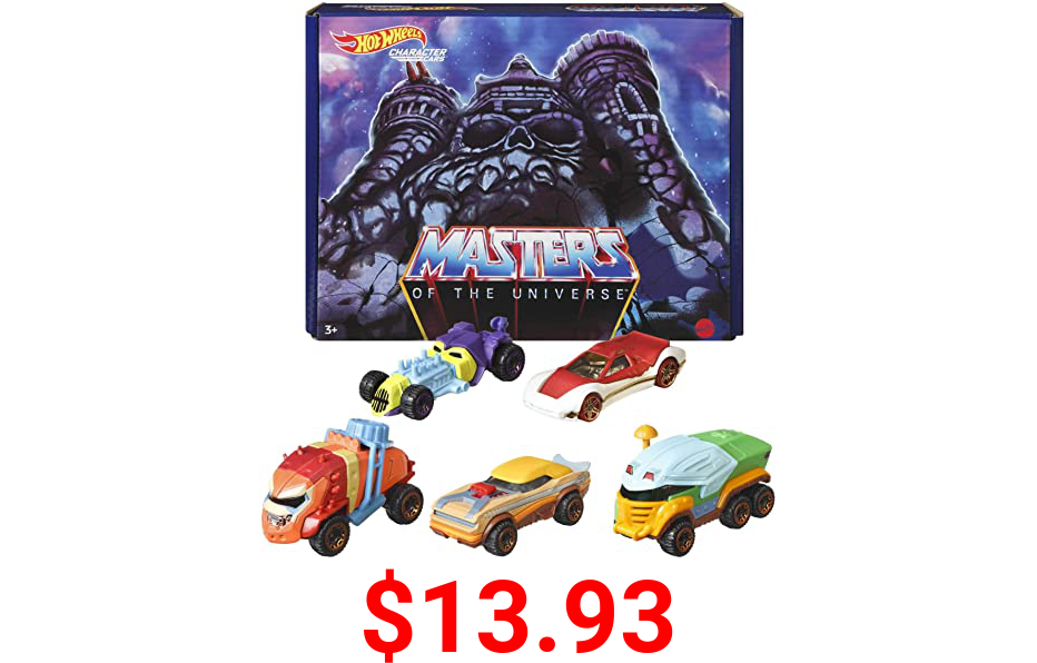 Hot Wheels Masters of the Universe 5-Pack of 1:64 Scale Character Cars, Collectible Vehicles Inspired by He-Man, Skeletor, Man-At-Arms, Beast Man & Teela, Gift for Collectors, Fans & Kids Ages 3 Years