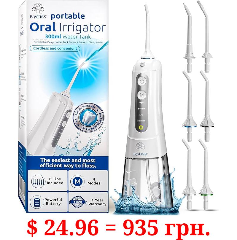 Water Flosser for Teeth, Cordless Pick, 4 Modes, Gentle on Gums, Removes Plaque & Food Particles, B. WEISS High-Power, Rechargeable & Waterproof Oral Irrigator; 6 Replacement Tips Included.