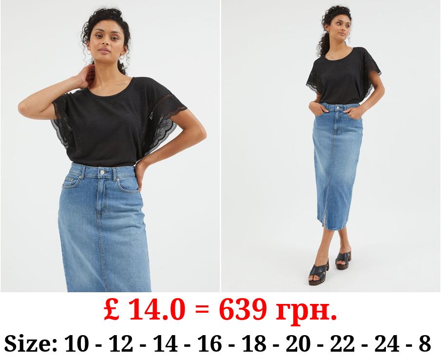 Black Linen Look Embroidery Sleeve Top