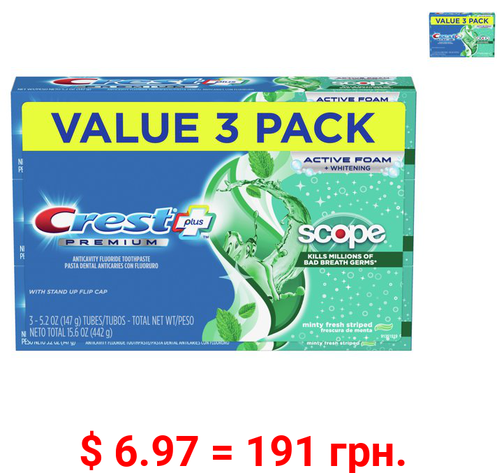 Crest Premium Plus Scope Toothpaste, Minty Fresh Flavor 5.2 oz, 3 pk