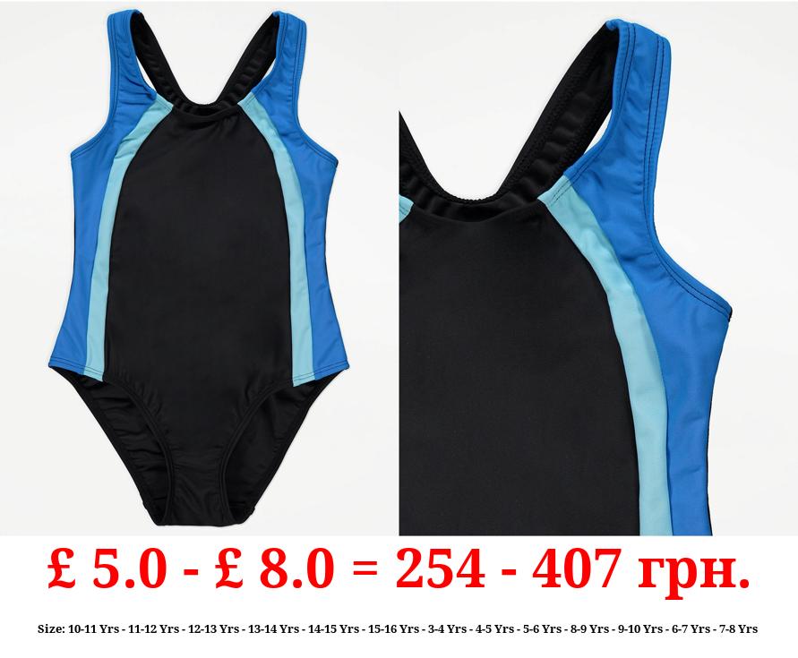 Blue Colour Block Sports Swimsuit