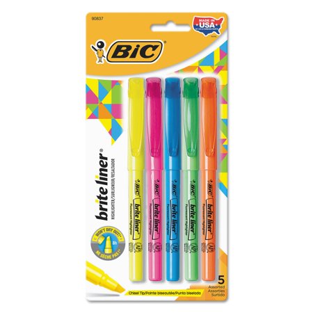 BIC Brite Liner Highlighter, Chisel Tip, Assorted Colors, 5 Count