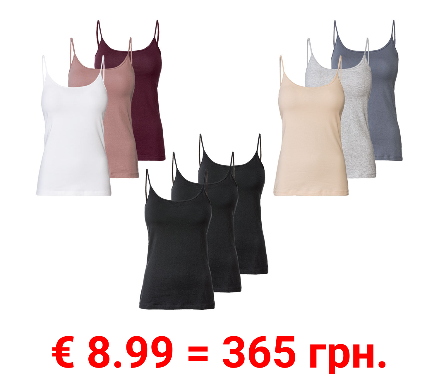 esmara® Damen Spaghettitops, 3 Stück, mit hohem Baumwollanteil