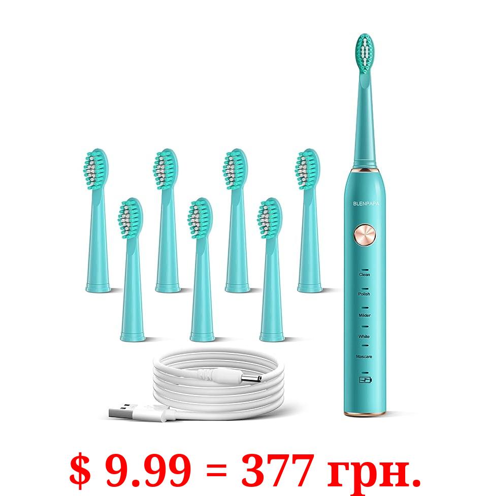 Blenpapa USB Rechargeable Sonic Electric Toothbrush for Adults Powered Motor Soft Dupont Brush Heads 2 Minutes Timer 5 Modes Teeth Whitening, Green