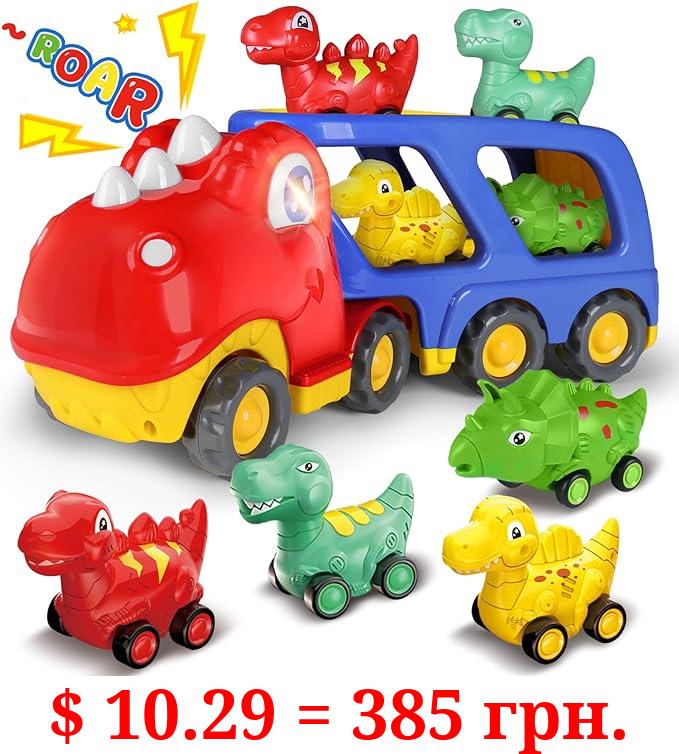 Bunny Kachu 5 in 1 Dinosaur Toys Cute Toddler Toys with 4 Pull Back Dino Car Fits 1 2 3 Year Old Boys Grils Toys with Sound & Light for Christmas Party Birthday Gift