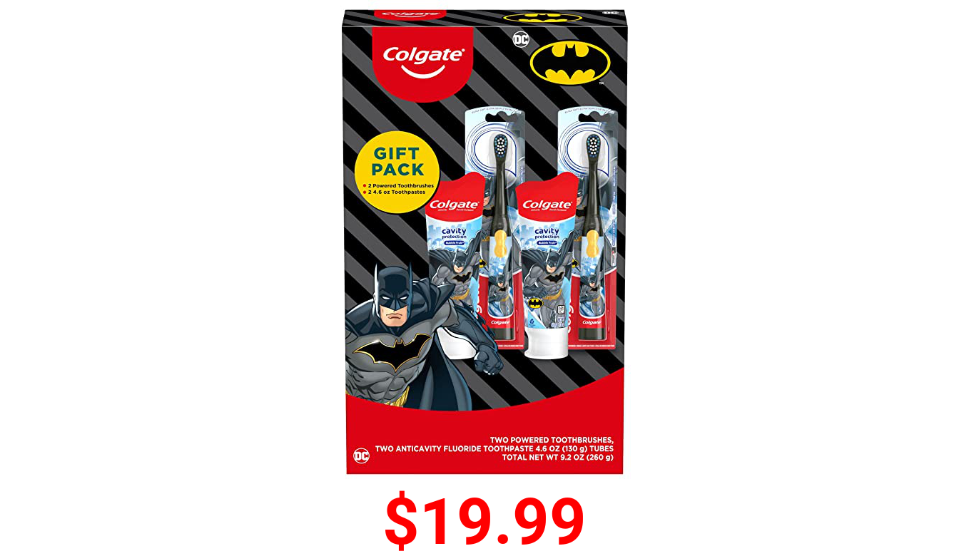 Colgate Kids Toothbrush Set with Toothpaste for Ages 3+, Batman Gift Set, 2 Battery Toothbrushes and 2 Toothpastes