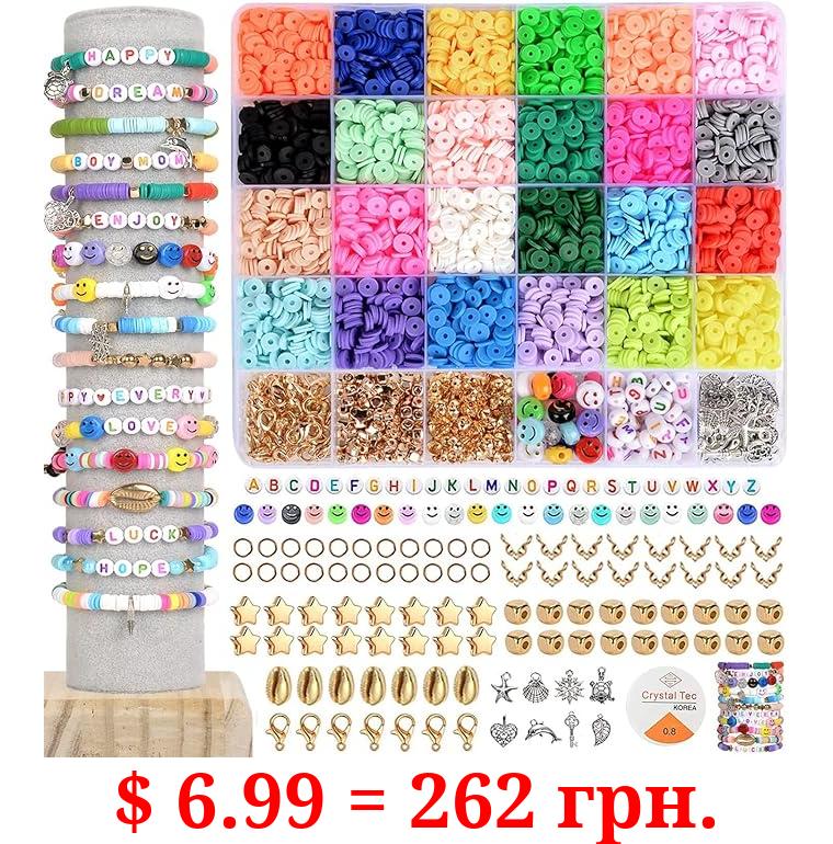 4800Pcs Clay Beads for Jewelry Making Bracelet Kit,Flat Round Polymer Heishi Clay Beads with Pendant and Jump Rings Letter Beads for Bracelets Necklace Earring DIY Craft-24 Colors 6mm