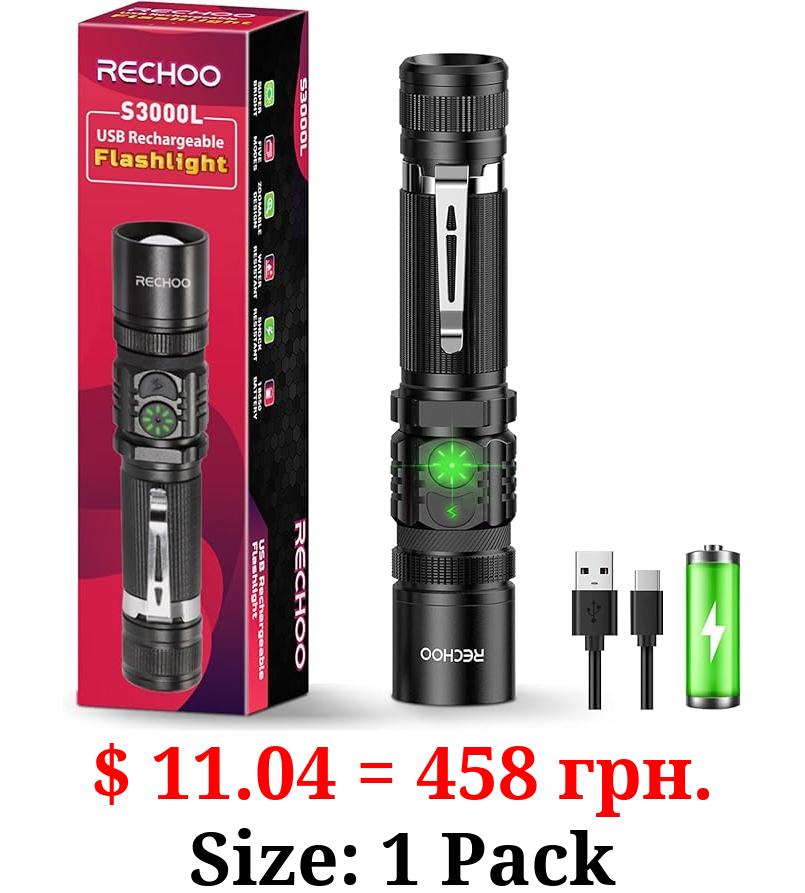 RECHOO Flashlight USB Rechargeable Double Switch S3000L LED Tactical Flashlight High Lumens Super Bright 5 Modes Zoomable Waterproof Flashlight for Camping, Emergency (Battery Included)