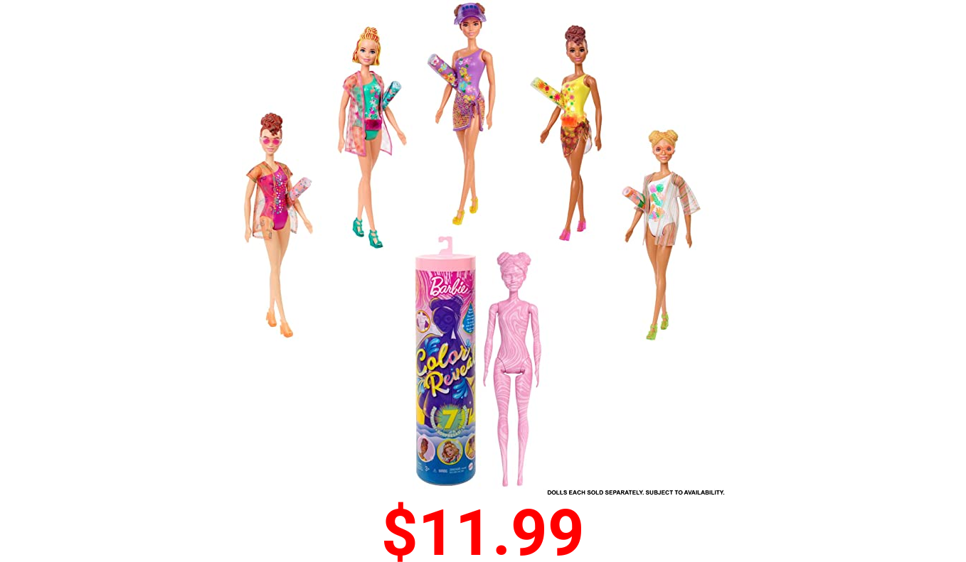 ​Barbie Color Reveal Doll with 7 Surprises: 4 Mystery Bags, Shoes, Towel & Accs.; Water Reveals Marble Pink Doll’s Beach Look & Color Change on Hair & Accessory; Sand & Sun Series [Styles May Vary]