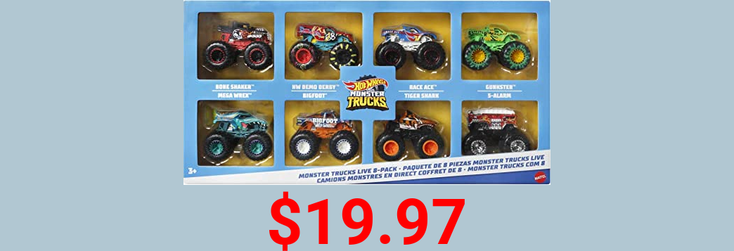 Hot Wheels Monster Trucks Live 8-Pack, Multipack of 1:64 Scale Toy Monster Trucks, Characters from The Live Show, Smashing & Crashing Trucks, Gift for Kids 3 Years Old & Up