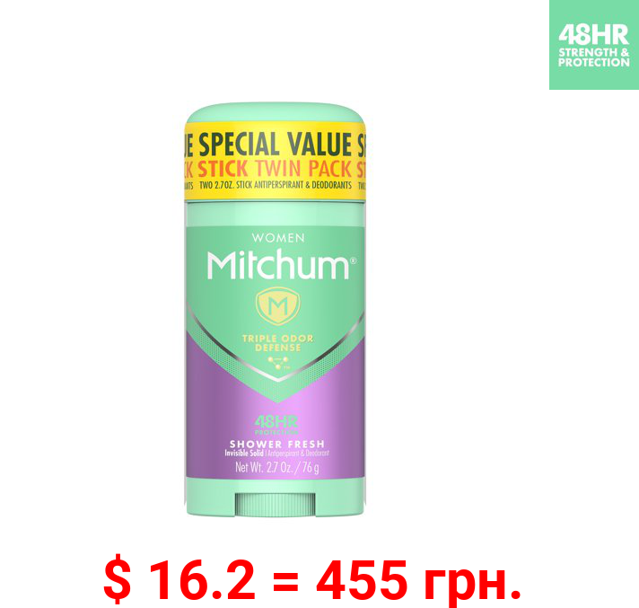Mitchum Women Antiperspirant Deodorant, Invisible Solid, 48 Hr Protection, Shower Fresh, 2.7 oz (pack of 2)