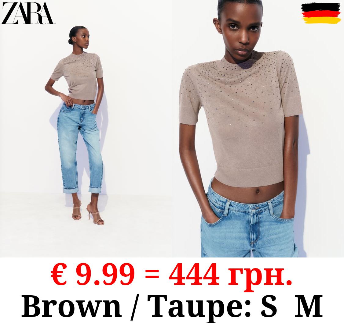 SHORT SLEEVE KNIT TOP WITH RHINESTONES