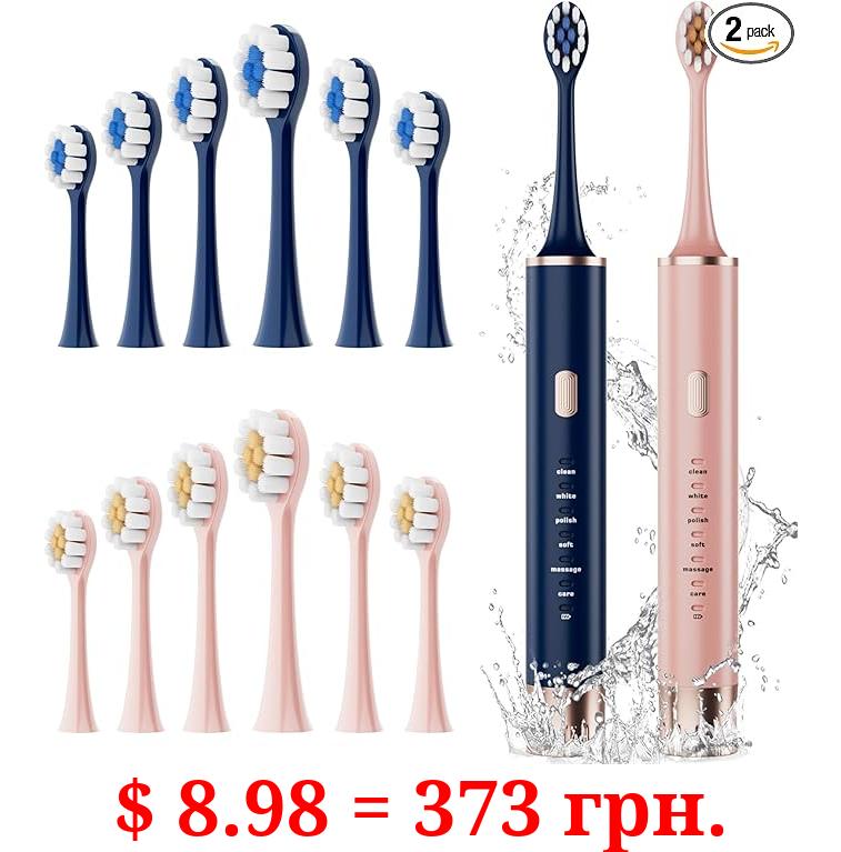 Aneebart Blue & pink Electric Toothbrush for Adults, USB Rechargeable Sonic Toothbrush with 12 Brush Heads, Smart Timer, 6 Modes, 2-Hour Fast Charge Last 30 Days