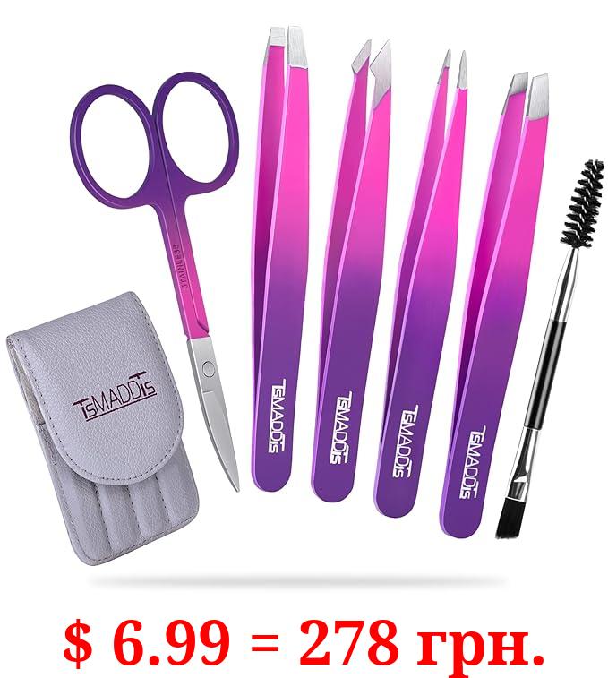 Eyebrow Tweezer Set, TsMADDTs 6 Pcs Tweezers Set for Women, Precision Tweezer for Eyebrows with Curved Scissors for Ingrown Hair, Hair Plucking Daily Beauty Tools (Pink&Purple)