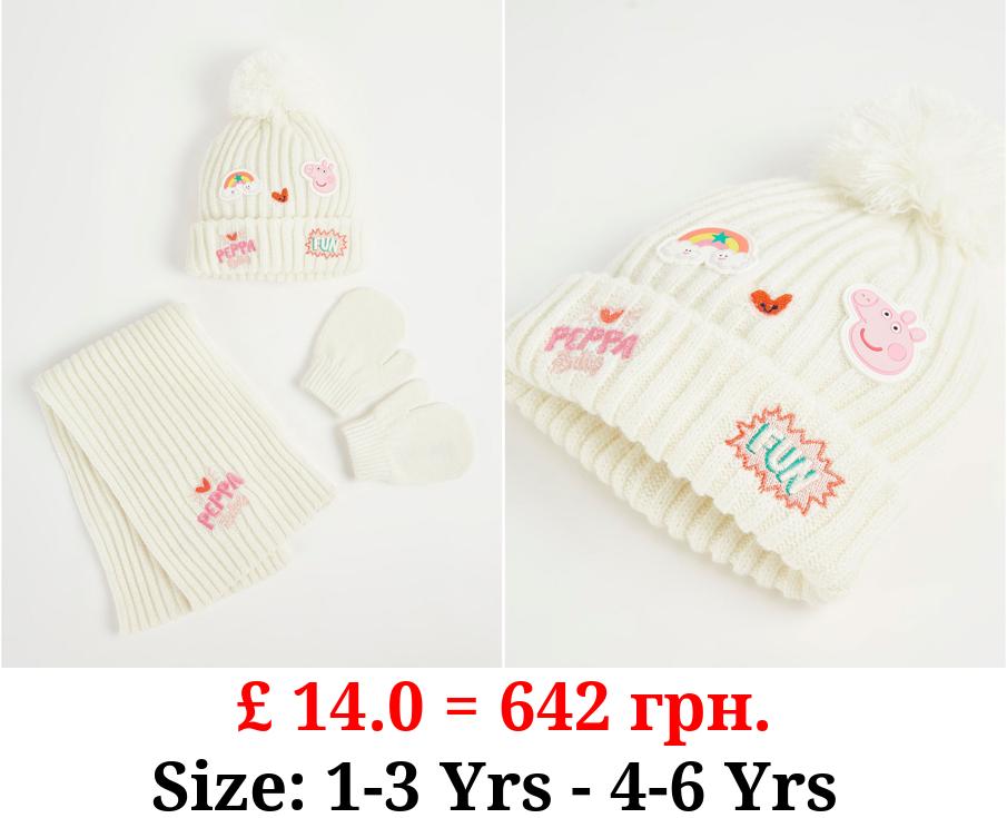 Peppa Pig Cream Bobble Hat Scarf and Gloves Set