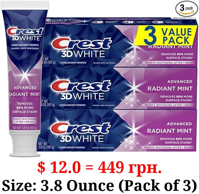 Crest 3D White Toothpaste Radiant Mint, 3.8 Oz (Pack of 3)