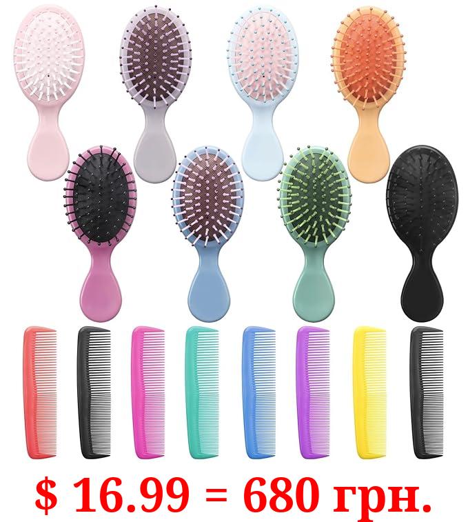 16 Pack Mini Hair Brush, Travel Detangling Brush ANSLCA Bulk Hair Brushes Set - Include 8 Mini Brush for Hair + 8 Fine Wide Hair Combs Wet Dry Hair for Girls Kids Women Boys Men, Multicolor