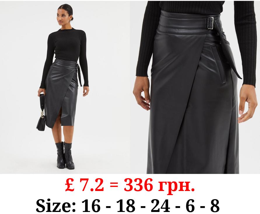 Black Leather Look Wrap Midi Skirt