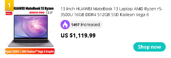 13 inch HUAWEI MateBook 13 Laptop AMD Ryzen r5-3500U 16GB DDR4 512GB SSD Radeon Vega 8 Fingerprint ID Windows 10 Pro English
