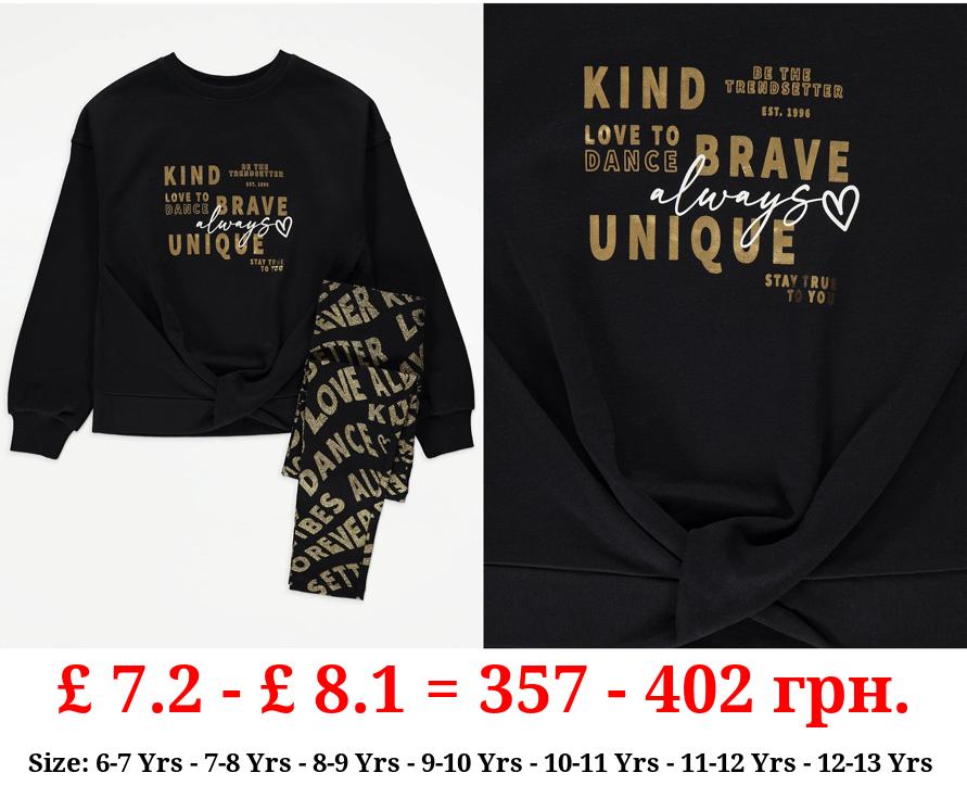 Always Unique Gold Foil Sweatshirt and Leggings Outfit