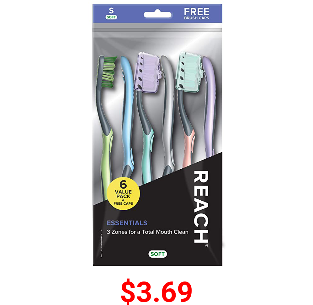 REACH Essentials Toothbrush and Brush Caps, Soft Bristles, Silver, 6 Count