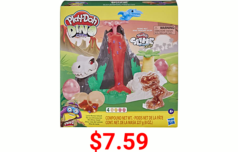 Play-Doh Slime Dino Crew Lava Bones Island Volcano Playset with HydroGlitz Eggs and Mix-ins, Dinosaur Toy for Kids 4 Years and Up, Non-Toxic