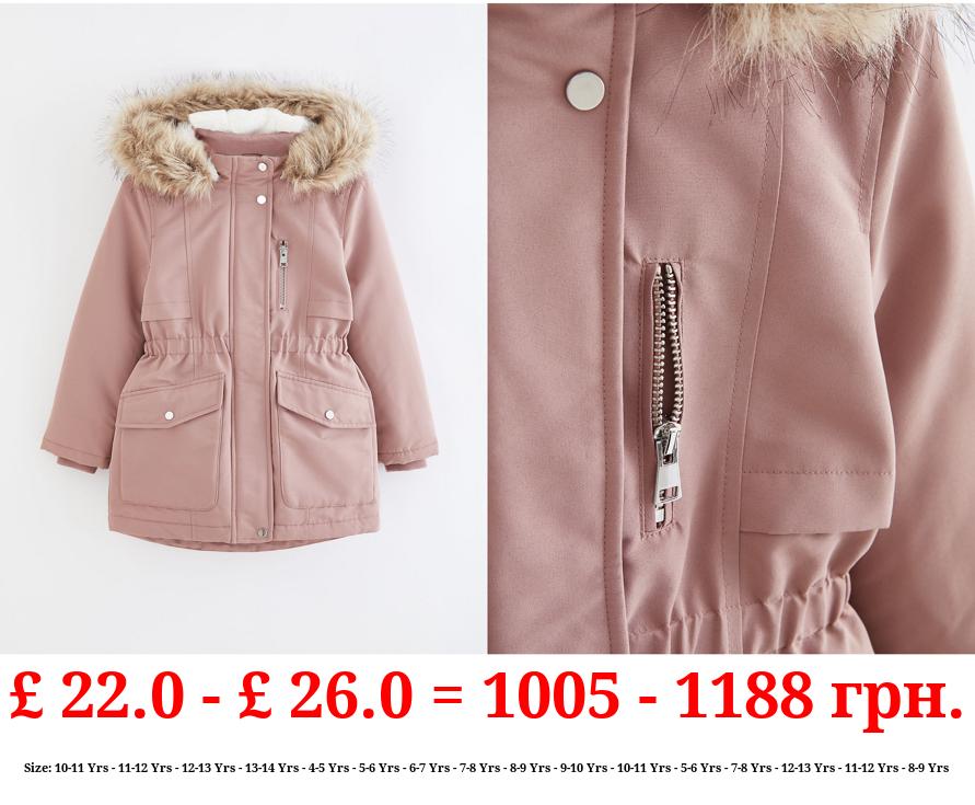 Pink Faux Fur Trim Parka Coat