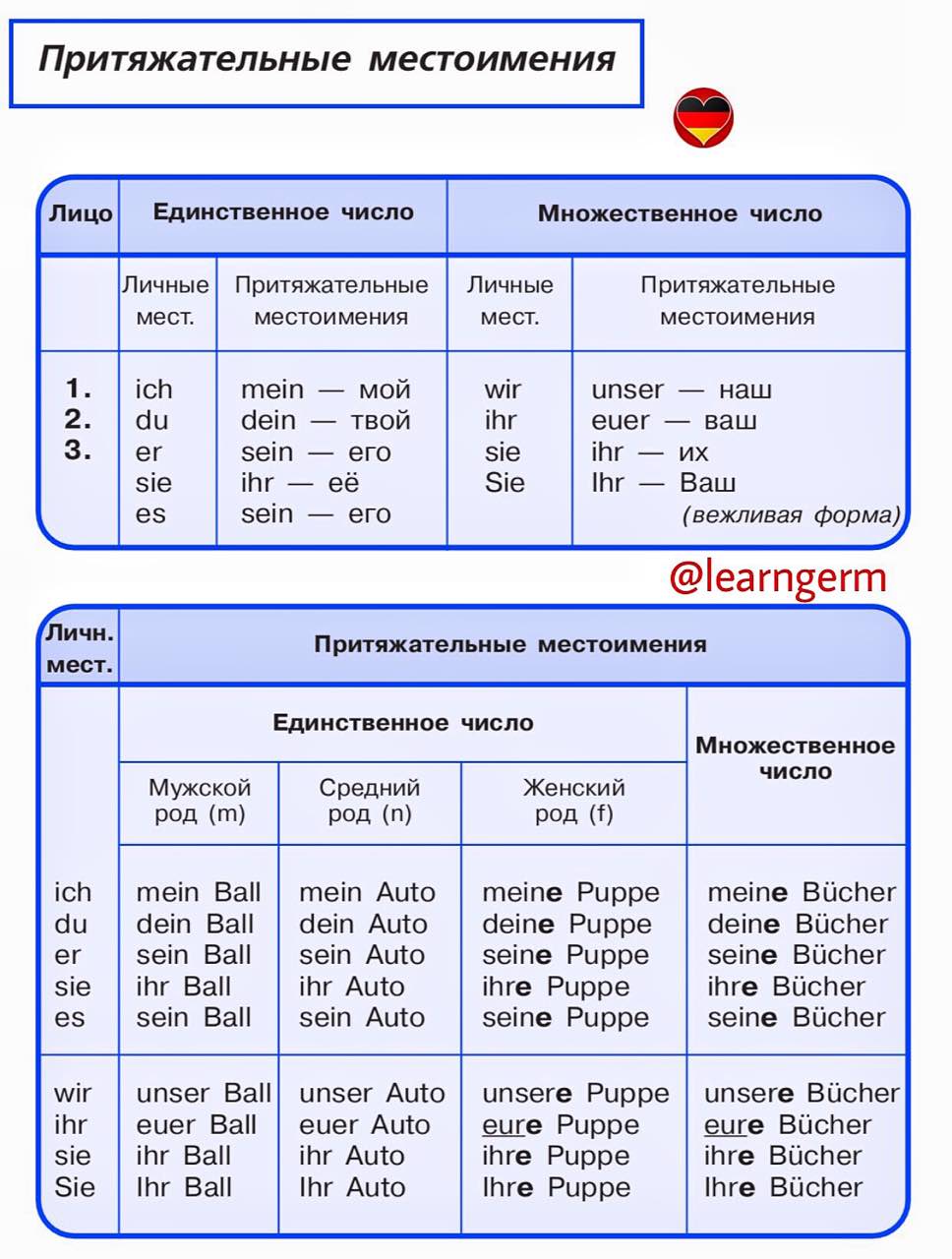 Притяжательные местоимения изменяются по числам. Таблица личных и притяжательных местоимений в русском языке. Притяжательные местоимения в немецком языке таблица. Притяжательные местоимения в русском языке таблица. Личные местоимения и притяжательные местоимения в русском языке.