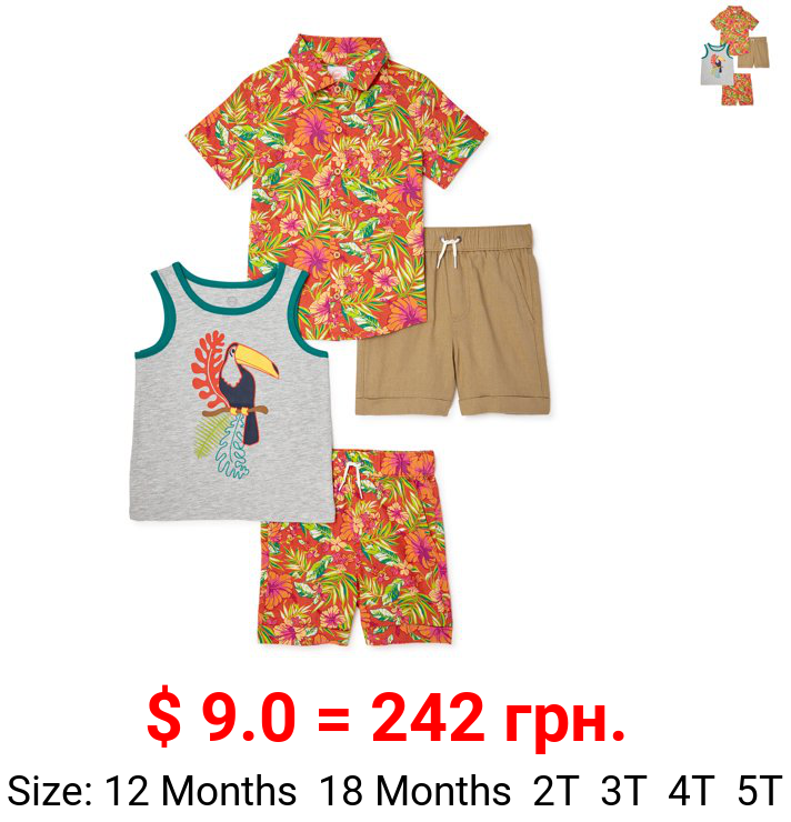 Wonder Nation Baby Boy & Toddler Boy Woven Shirt, Tank, and Shorts Mix & Match Outfit Set, 4-Piece, 12M-5T