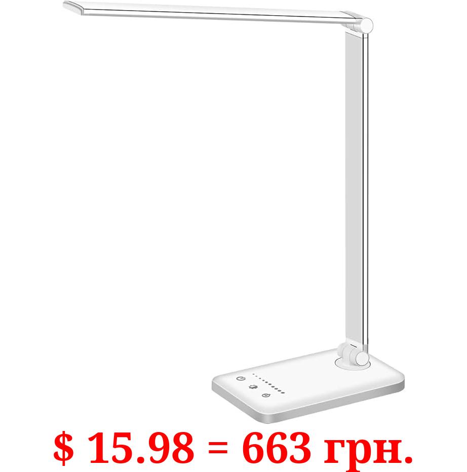 White crown LED Desk Lamp Dimmable Table Lamp Reading Lamp with USB Charging Port, 5 Lighting Modes, Sensitive Control, 30/60 Minutes Auto-Off Timer, Eye-Caring Office Lamp