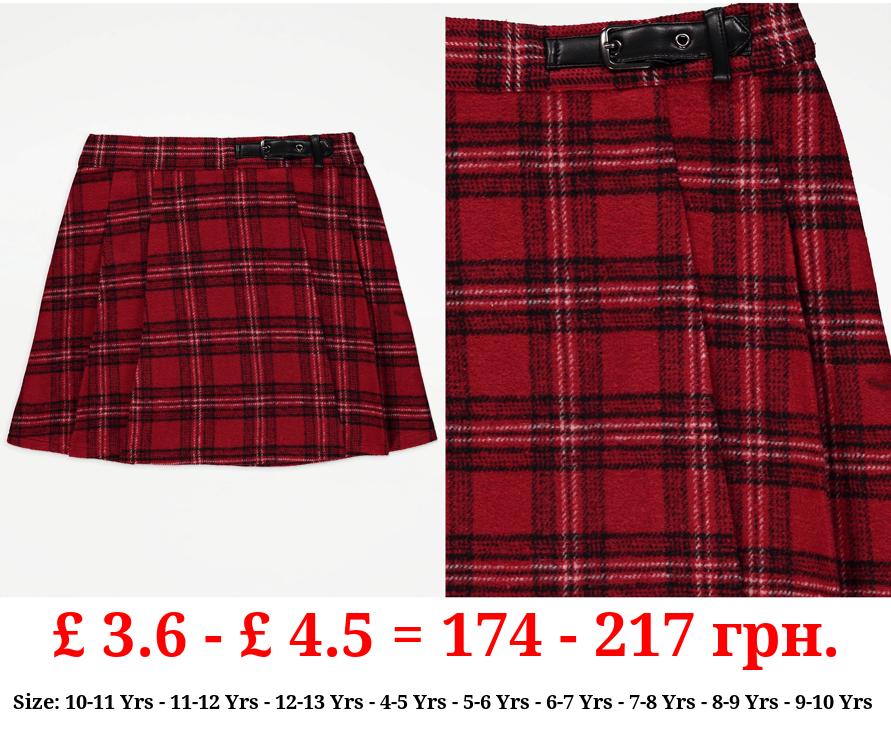 Red Checked Pleated Skirt