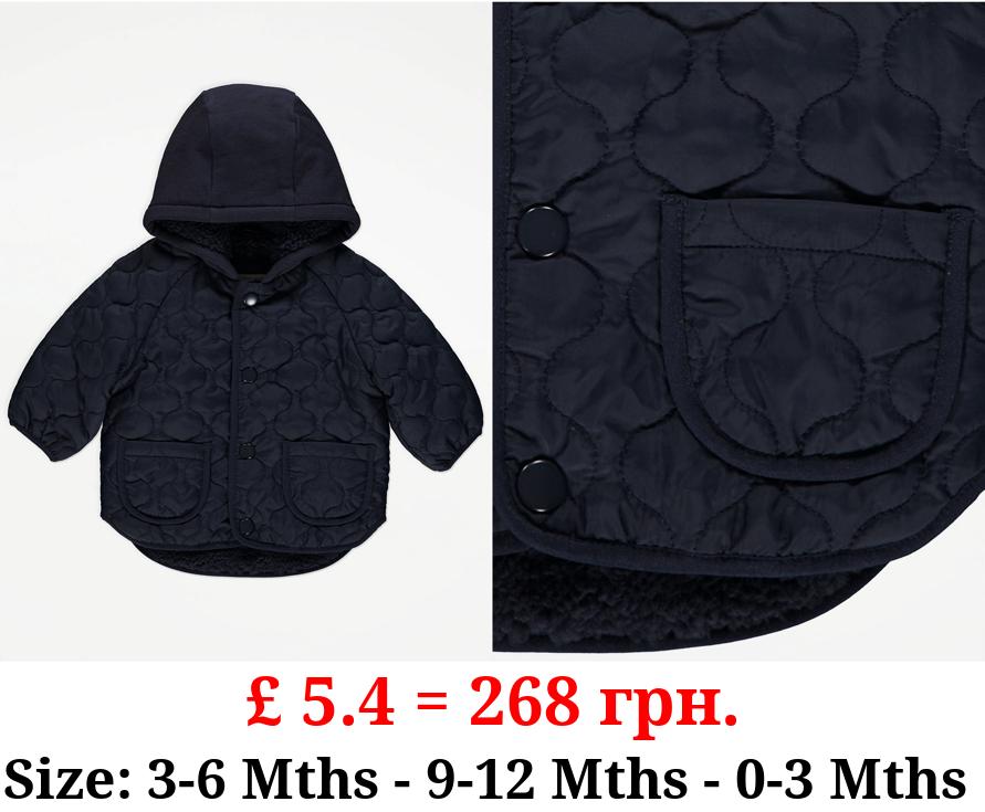 Navy Quilted Hooded Coat