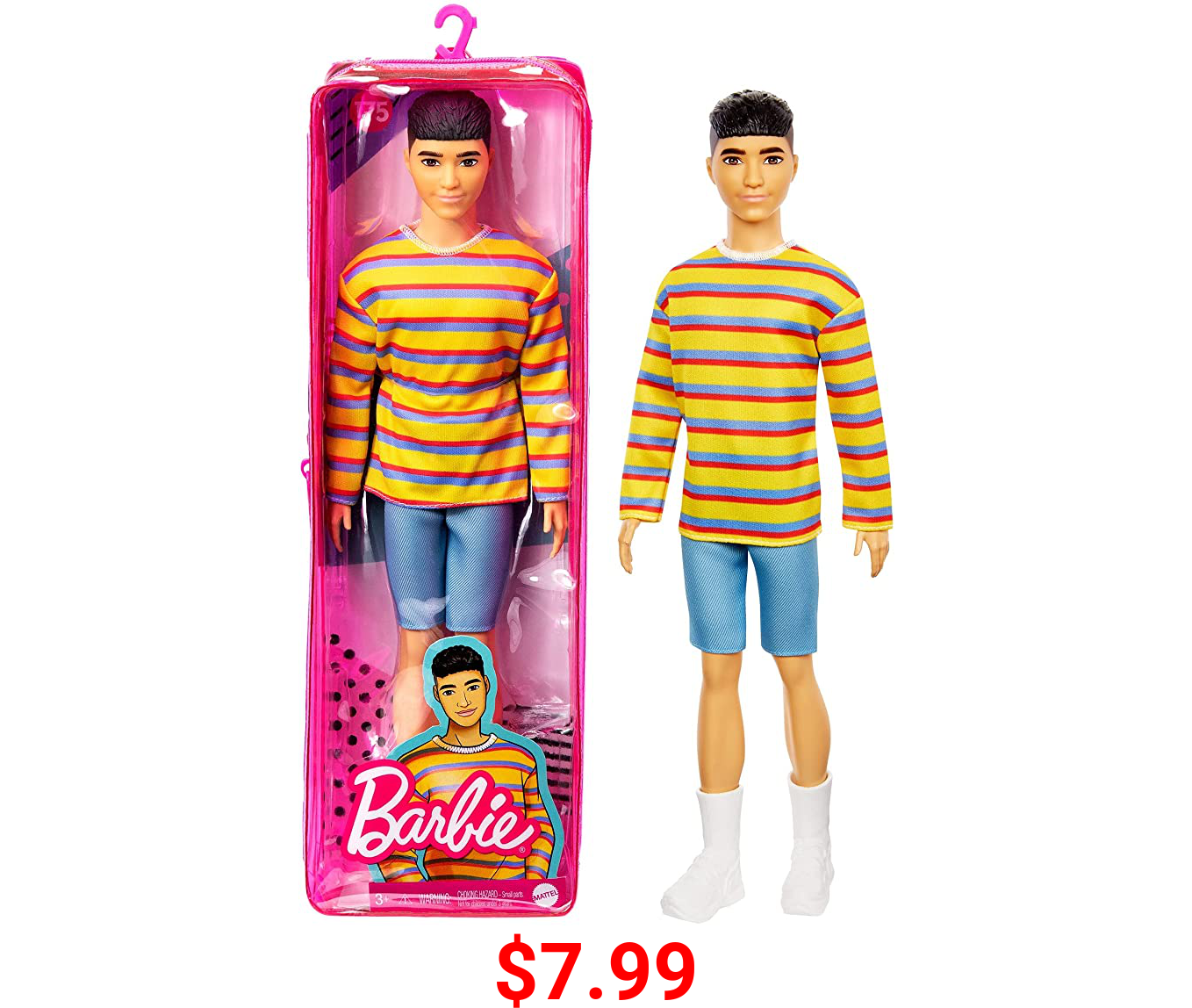 Barbie Ken Fashionistas Doll #175 with Sculpted Brunette Hair Wearing a Long-Sleeve Colorful Striped Shirt, Denim Shorts, White Boots, Toy for Kids 3 to 8 Years Old