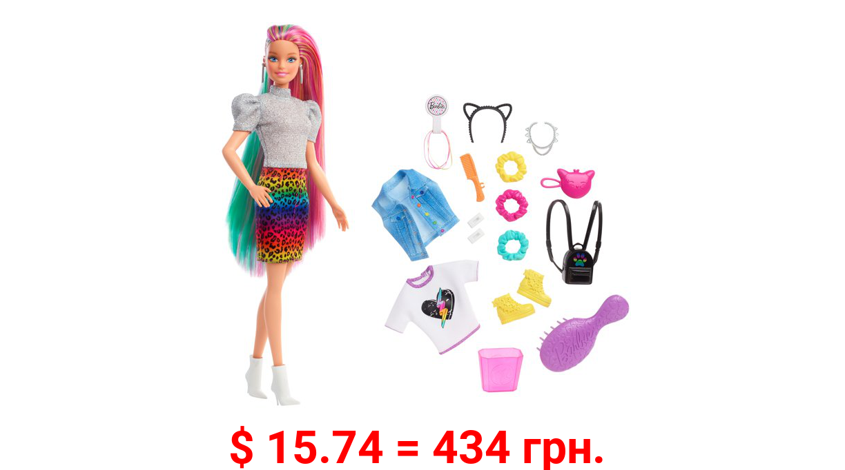 Barbie Leopard Rainbow Hair Doll W Ith Color-Change Hair Feature, 16 Accessories, Ages 3 To 7
