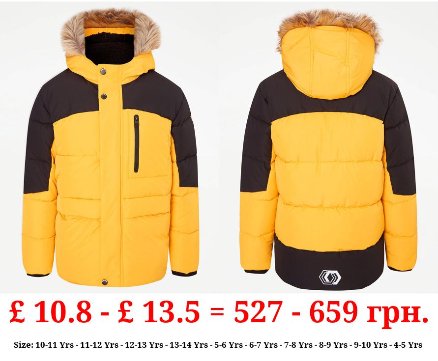Yellow Faux Fur Trim Padded Coat