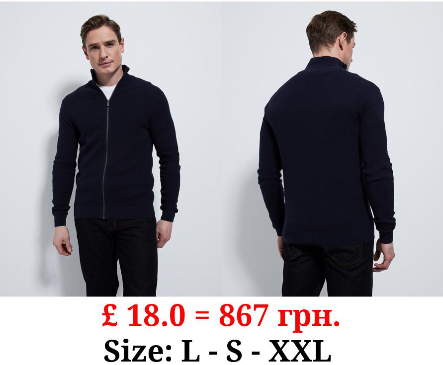 Navy Textured Zip Up Jumper