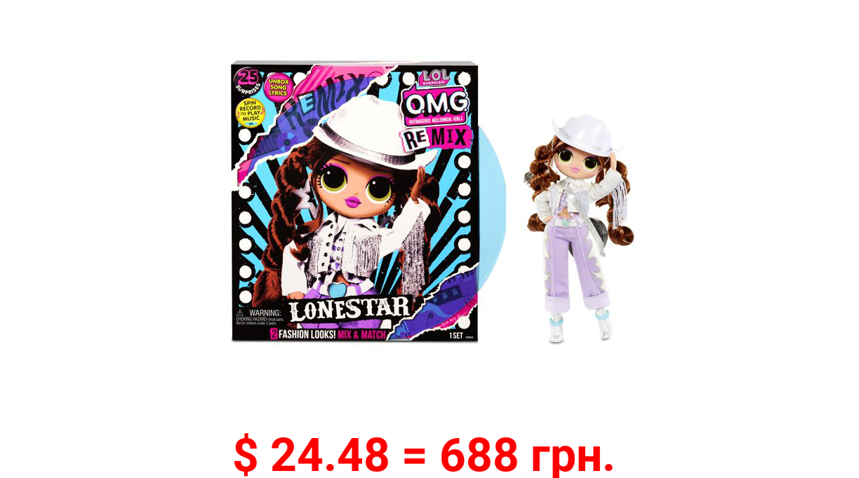 LOL Surprise OMG Remix Lonestar Fashion Doll with 25 Surprises Including Extra Outfit, Shoes, Hair Brush, Doll Stand, Lyric Magazine, and Music Record Player - Toys For Girls Ages 4 5 6+