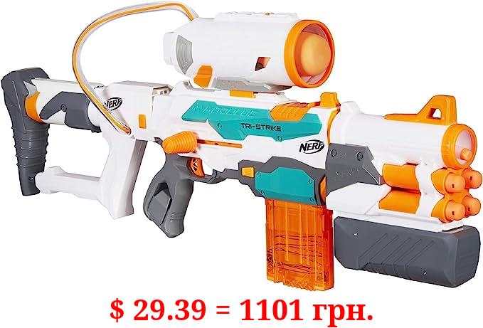 Nerf Modulus Tri-Strike Blaster, Mega Barrel, Rocket Launcher, Clip, 10 Nerf Elite Darts, 4 Nerf Mega Darts, 1 Rocket, Kids Outdoor Games (Amazon Exclusive)