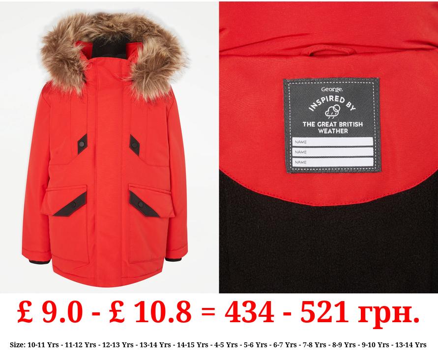 Red Faux Fur Trim Parka Coat