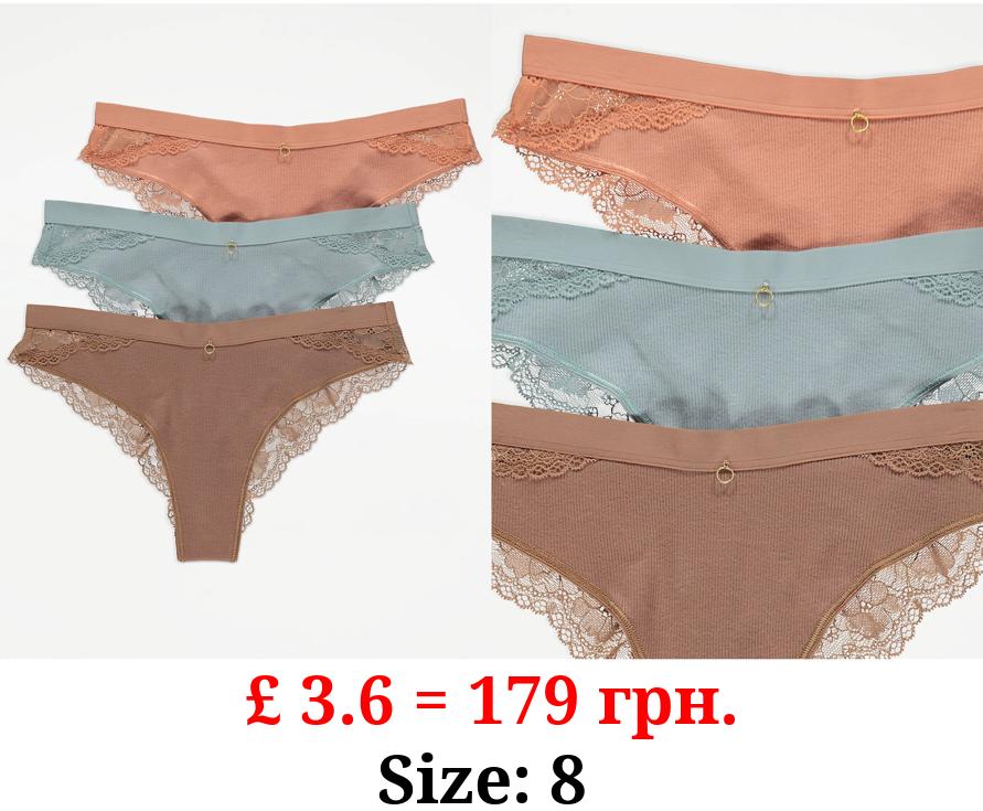 Pastel Ribbed Lace Trim Brazilian Knickers 3 Pack
