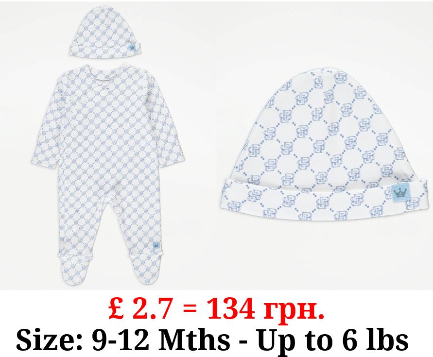 Blue Repeated Pattern Sleepsuit and Hat Outfit