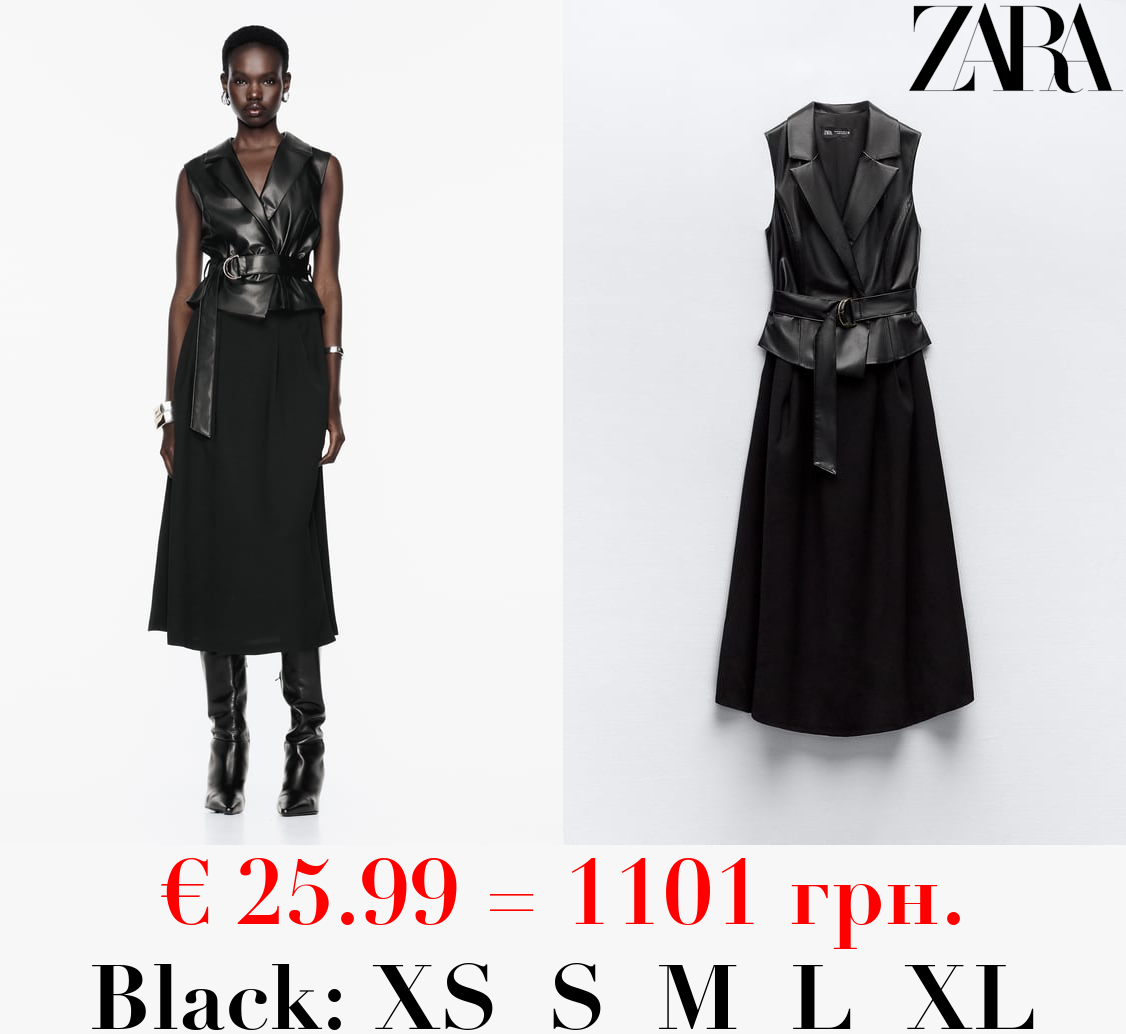 CONTRAST LEATHER EFFECT MIDI DRESS