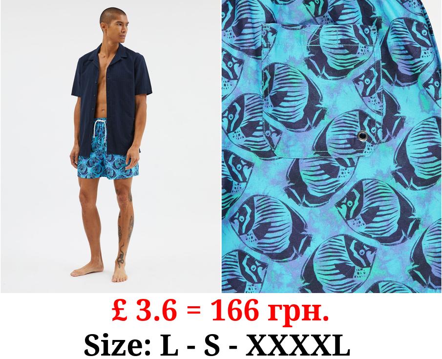 Blue Fish Print Swim Shorts