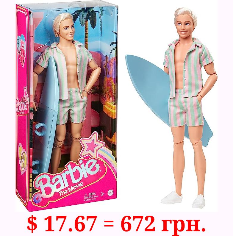 Barbie The Movie Ken Doll Wearing Pastel Pink and Green Striped Beach Matching Set with Surfboard and White Sneakers