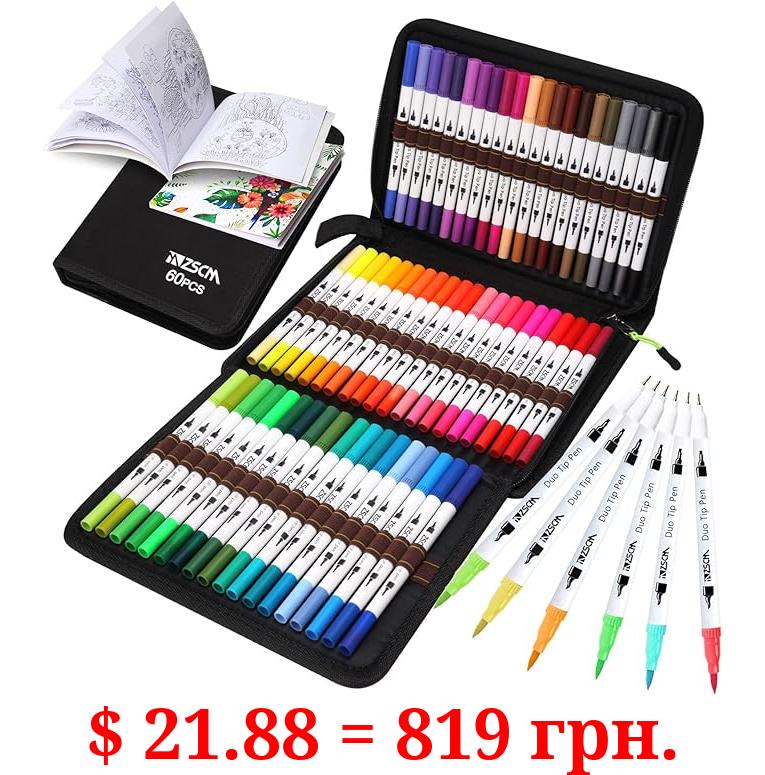 ZSCM Art Duo Tip Brush Markers Set, 60 Colors Fine& Brush Tip Artist Drawing Pens Set with Coloring Book, for Adult Sketching Journal Planner School Supplies Gifts
